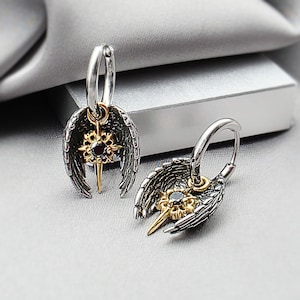 Gothic Angel Wings North Star Charms Hoops Earrings Guardian Angel Protection Jewelry Gift Surgical Steel Celestial Celebrate of Life Gift