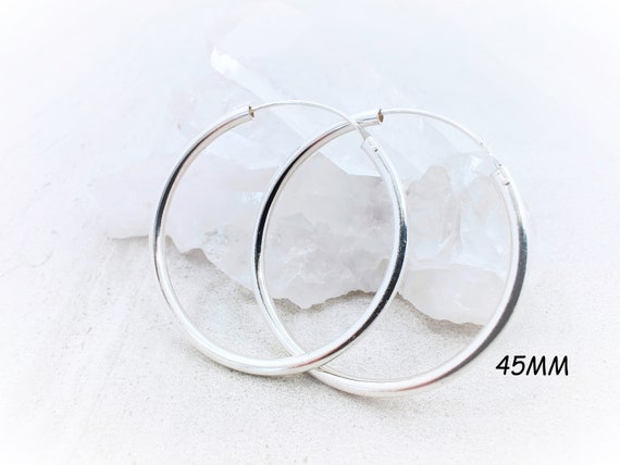 40 45 50 MM Medium Endless Silver Hoop Earrings, 2.5MM Thick