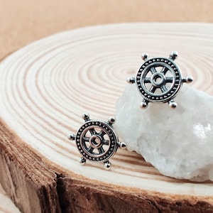 Nautical Helm Silver Earrings Stud, Helm 925 Sterling Silver Earrings, Dainty Post Stud Silver Earrings, Ship Wheel Silver Jewelry Gift