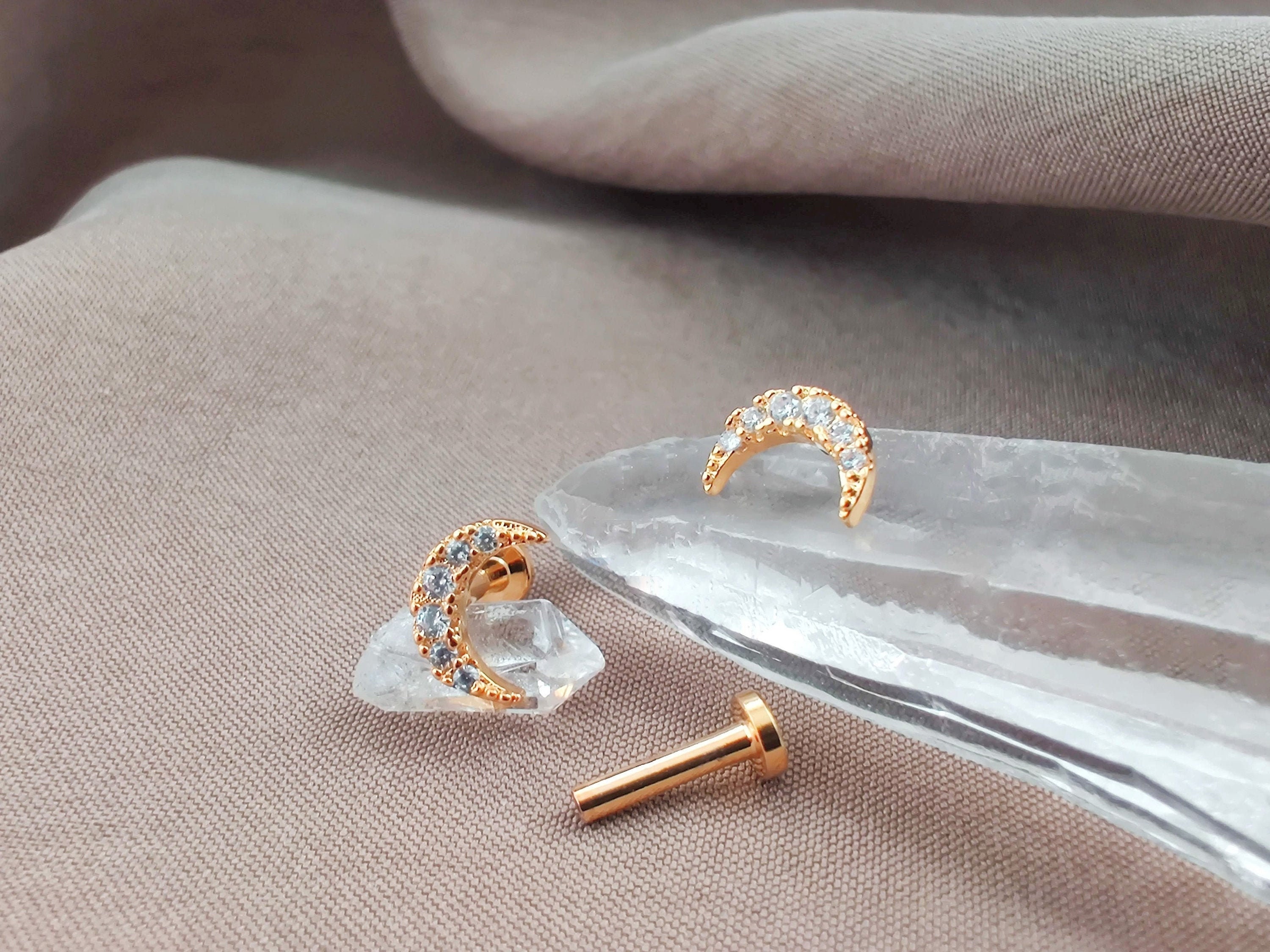 16G CZ PAIR Gold Dainty Moon Cartilage Earrings, Conch