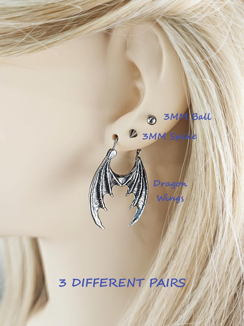Dragon Wings Dangle Drop Hoop Earrings Surgical Steel Dragon Fantasy Witchy Earrings Gift Gothic Gargoyle Unique Jewelry Viking Norse Gift WINGS.BUNDLE/3PAIRS