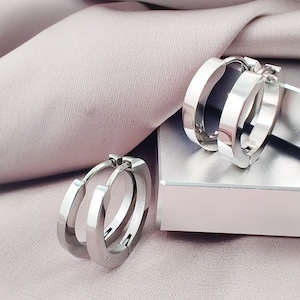 Square Edge Classic Hoop Earrings, 316L Surgical Steel Contemporary Hoops, Snap-on Hinged Simple Hoop Earrings