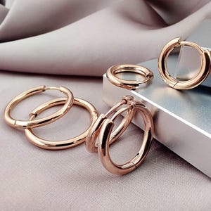 May include: A collection of rose gold hoop earrings in various sizes. The set includes several circular hoops with a polished finish and hinged closures, arranged on a metallic silver block surface.