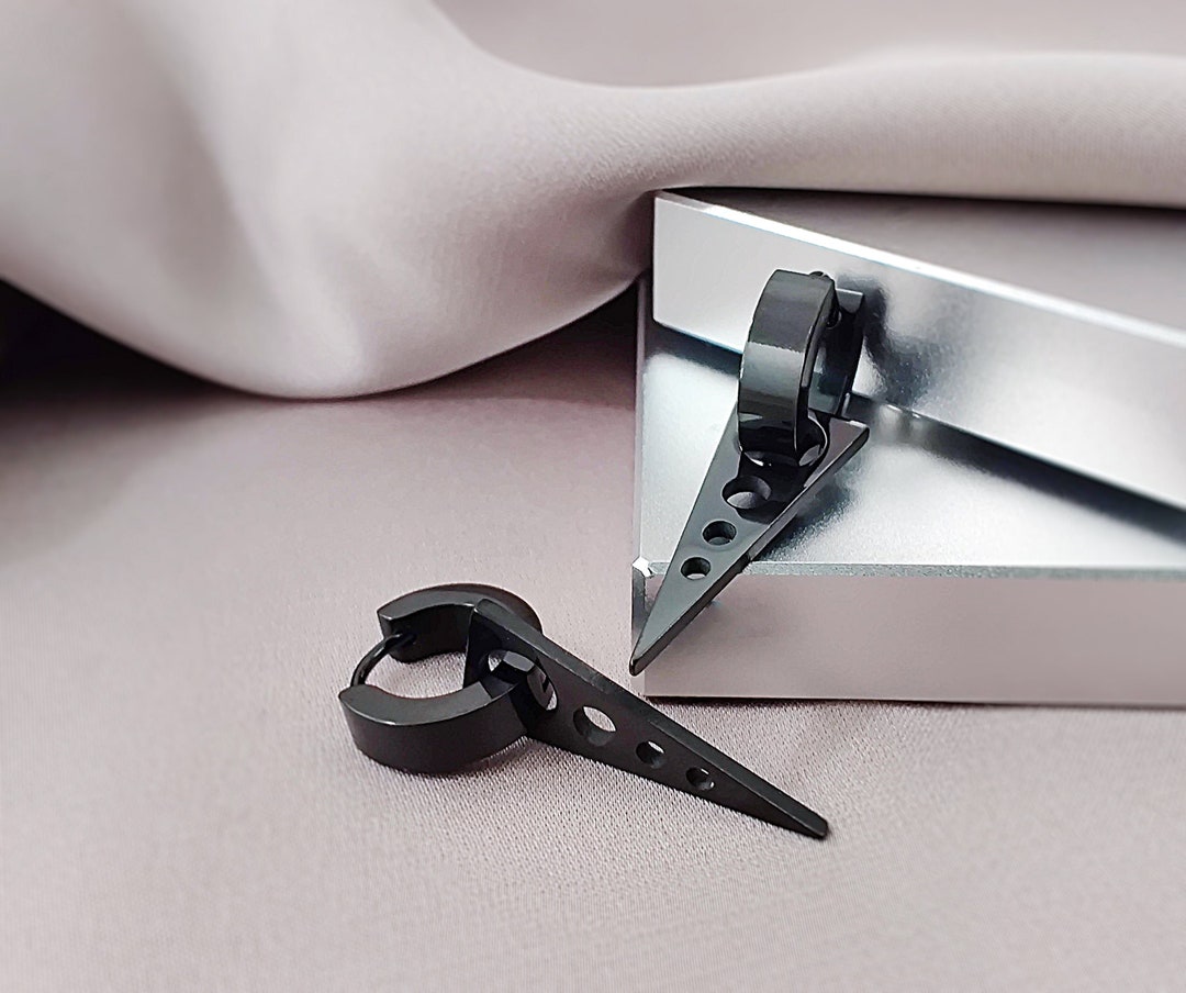 Steel Black Huggie Earrings With Dangling Triangle Chain - Men & Women, 2pcs, Stainless Steel - View #2
