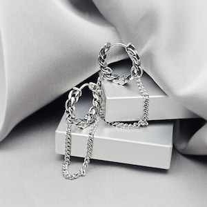 Cuban Links Chain Hoops Earrings Surgical Steel Cool Men's Hoop Earrings Punk Grunge Unique Men Jewelry Gift Small Hoop Chain Earrings