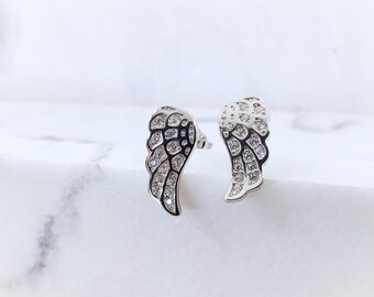 Angel Wings Crystal Silver Earring Studs, Wings CZ 925 Sterling Silver Earrings, Cubic Zirconia Silver Post Stud Earrings Gift,
