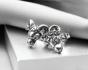 Viking Ram CZ Eyes Stud Earrings Men Surgical Steel Animal Viking Jewelry Gift for Him Ram Horn Head Unique Gothic Earrings Jewelry Gift Men