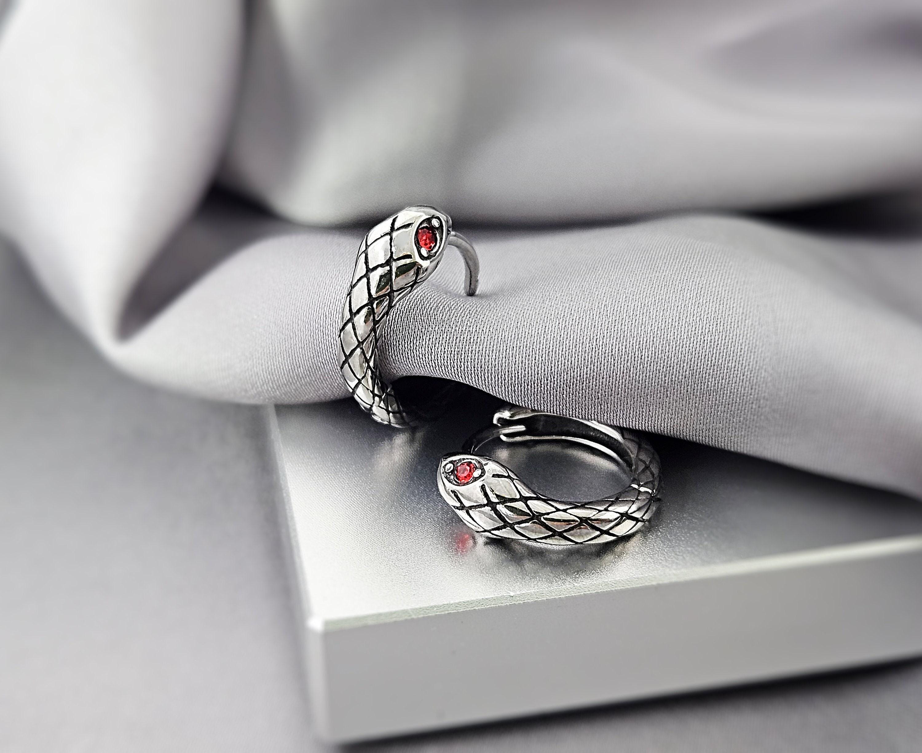 Red CZ Eye Snake Steel Huggie Hoops Earrings, Serpent Animal Small Hoop  Earring, Surgical Steel Cool Gothic Men's Clicker Hoop Jewelry Gift, image size:3000x2449