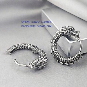 Cool Dragon Hoop Earrings for Men, Surgical Steel Antique Dragon Jewelry Gift Him, Edgy Gothic Dragon Earrings, Unique Dragon Earrings Gift image 4