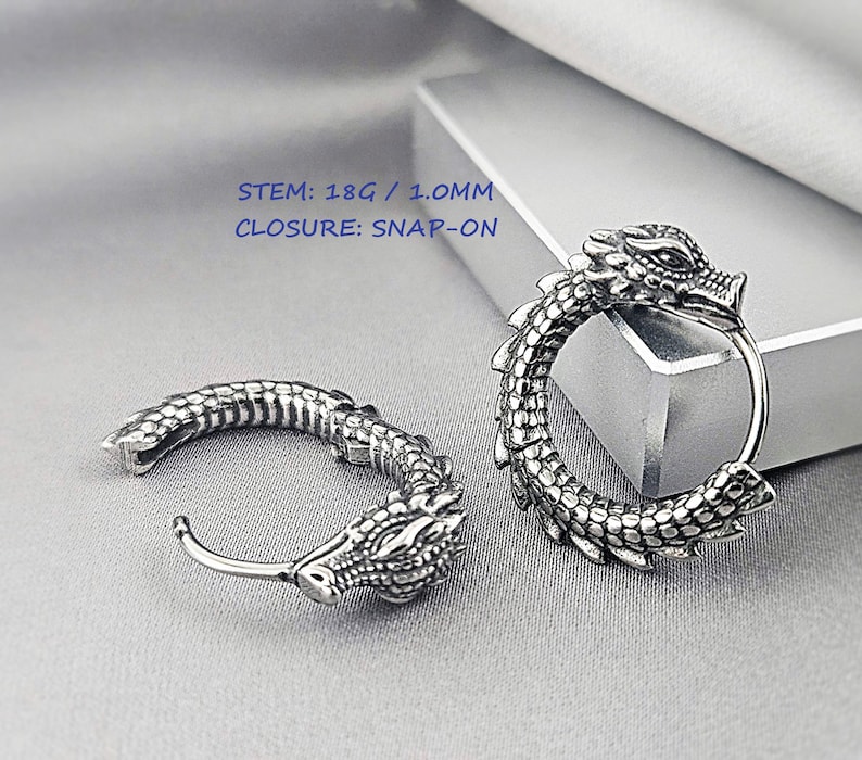Cool Dragon Hoop Earrings for Men, Surgical Steel Antique Dragon Jewelry Gift Him, Edgy Gothic Dragon Earrings, Unique Dragon Earrings Gift image 4