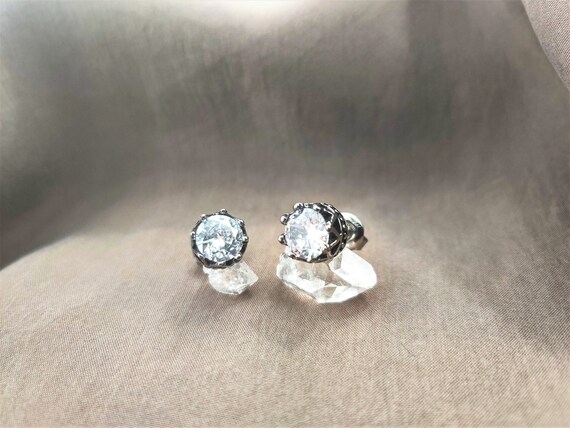 Boucles D'oreilles Clous Couronne Argent 925 - Cristal Zircone Cubique 7mm - Neuf