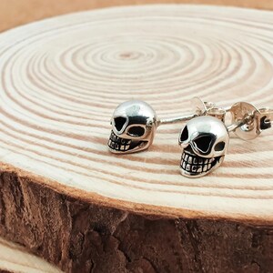 Funny Skull Silver Stud Earrings, Rock & Roll 925 Sterling Silver Earrings, Post Stud Silver Earrings, Halloween Silver Jewelry Gift
