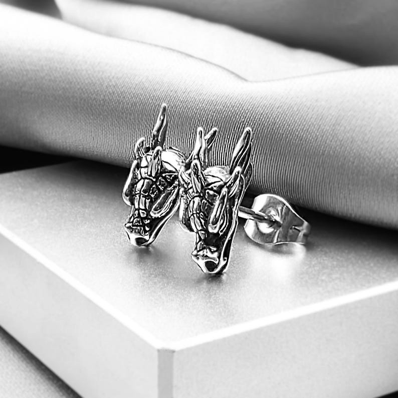 Cool Dragon Hoop Earrings for Men, Surgical Steel Antique Dragon Jewelry Gift Him, Edgy Gothic Dragon Earrings, Unique Dragon Earrings Gift STUD / 1 PAIR