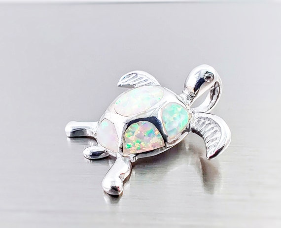 Large Sea Turtle White Opal Silver Pendant Lab created Opal 925