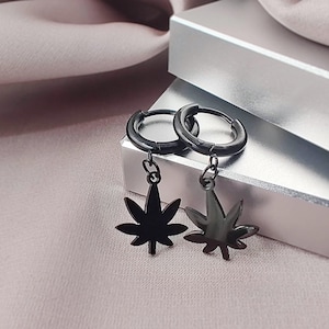 Black Marijuana Leaf Dangle Huggie Hoop Earrings, 316L Surgical Steel Plant Leaf Drop Huggies, Pot Leaf Small Hoop Huggies Earrings