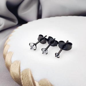 Tiny CZ Black Titanium Stud Earrings, Implant Grade Hypoallergenic Titanium Dainty Studs, Minimalist Cubic Zirconia Black Jewelry Gift