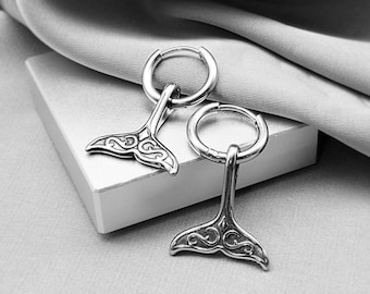 Whale Tail Hoop Earrings Surgical Steel Celtic Knot Ocean Dangle Hawaiian Unique Jewelry Spiritual Sea Animal Charm Beach Gift