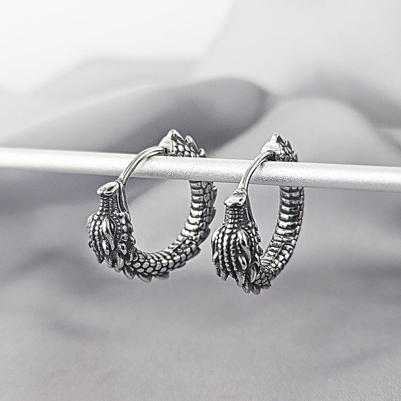 Cool Dragon Hoop Earrings for Men, Surgical Steel Antique Dragon Jewelry Gift Him, Edgy Gothic Dragon Earrings, Unique Dragon Earrings Gift image 3
