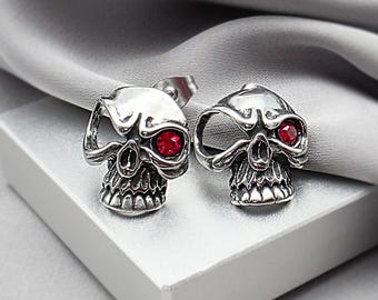 Steampunk Red Eye Skull Stud Earrings Gothic Punk Rock Jewelry Surgical Steel Skeleton Skull Ruby CZ Studs Funky Unique Dark Earrings Gift