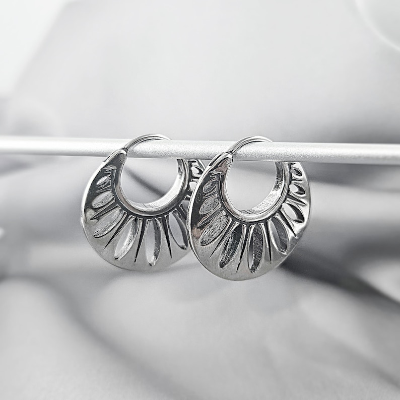 Sand Dollar Boho Hoop Earrings Surgical Steel Bohemian Earrings Unique Tribal Jewelry Gift for Her Seashell Stainless Steel Hoop Earrings image 3