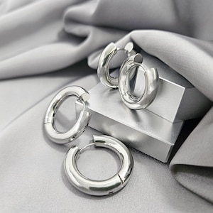Classic Chunky Silver Hoop Earrings 316L Surgical Steel Thick Hoops Unisex Snap-on Hoop Earrings Jewelry Gift Thick Men Hoop Earrings Gift