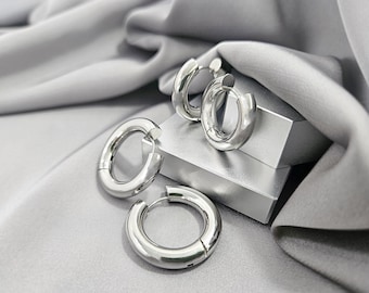 Pendientes de aro gruesos clásicos de plata de ley, de acero quirúrgico 316L, unisex, con cierre a presión, regalo de joyería.