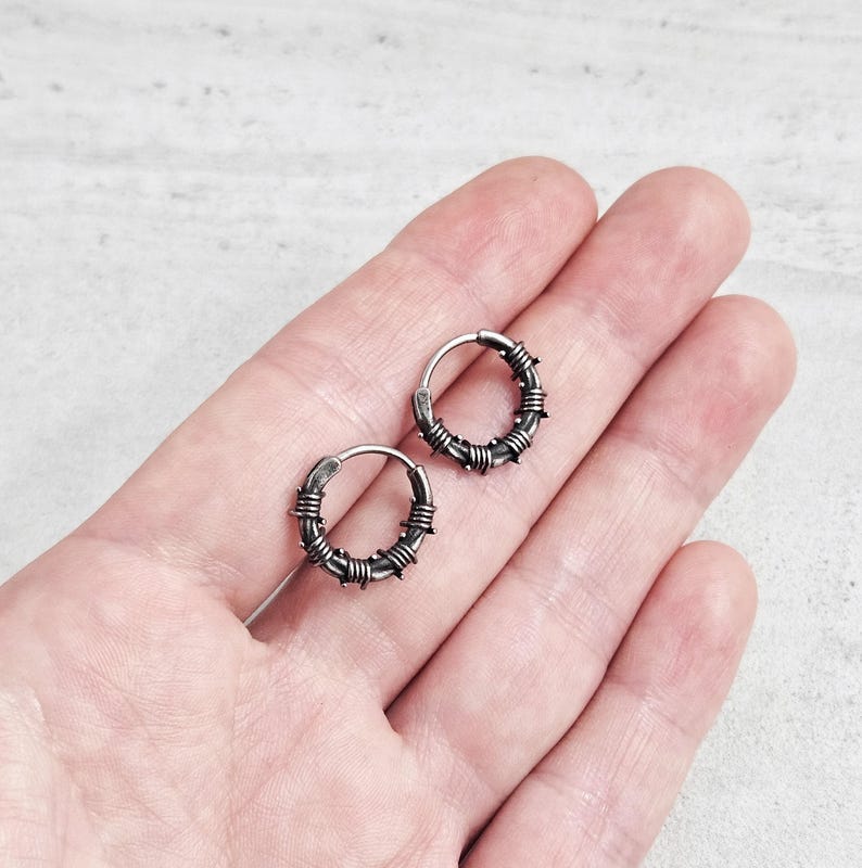 Barbed Wire Small Steel Hoop Earrings, Cool Edgy Emo Gothic Hoop Earrings for Men, Surgical Steel Boho Grunge Punk Jewelry Gift for Him image 7