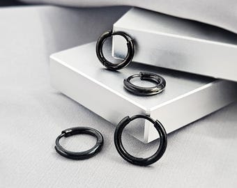 2MM Classic Small Black Huggies Hoop Earrings, Simple Black Surgical Steel Huggie Hoops, Dainty Clicker Snap-on Plain Hoop Earrings Gift
