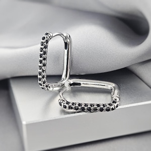 Dainty Geometric Rectangular Black Hoop Earrings Surgical Steel Black Crystal Pave Small Hoops CZ Minimalist Earrings Jewelry Gift for Her