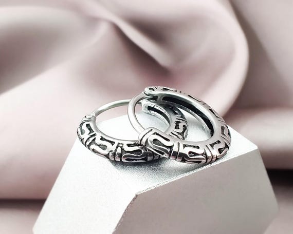Vintage Tribal Small Hoop Earrings, 316L Surgical Steel Antique Tribal Style Hoop Earrings, Men's Huggie Hoop Earrings