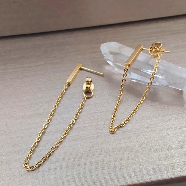 Bar & Chain Gold Drop Earrings, Surgical Steel Earrings, Dainty Minimalist Free Falling Chain Earrings