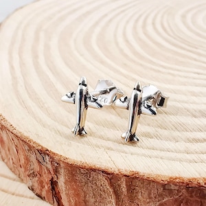 Tiny Airplane Silver Stud Earrings, Quirky 925 Sterling Silver Post Earrings, Cute Plane Silver Jewelry Gift