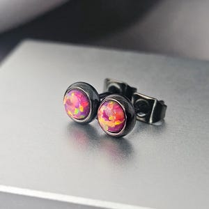 6MM Small Red Opal Black Stud Earrings Surgical Steel Lab-Created Fire Opal Studs Geometric Minimalist October Birthstone Jewelry Gift
