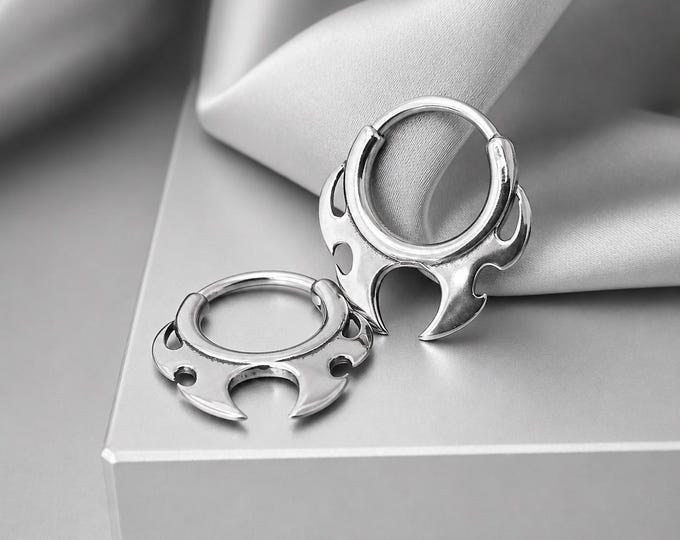 Cyberpunk Small Hoop Earrings, Surgical Steel Warrior Blade Jewelry Gift, Tribal Hoop Earrings for Men, Steampunk Cartilage Nose Hoop Ring