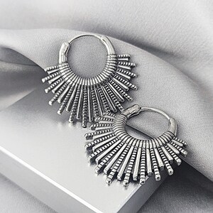 Sand Dollar Boho Hoop Earrings Surgical Steel Bohemian Earrings Unique Tribal Jewelry Gift for Her Seashell Stainless Steel Hoop Earrings Fan / Pair