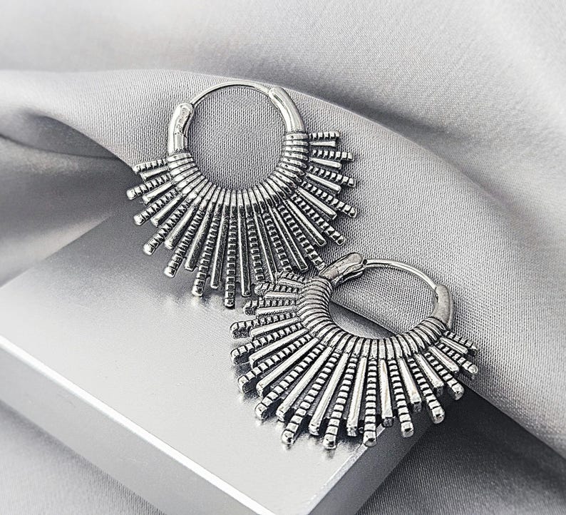 Sand Dollar Boho Hoop Earrings Surgical Steel Bohemian Earrings Unique Tribal Jewelry Gift for Her Seashell Stainless Steel Hoop Earrings Fan / Pair
