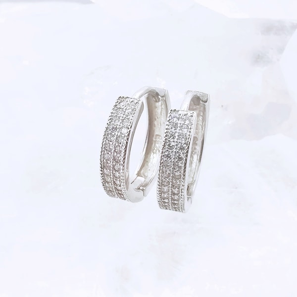 Double Row Crystals Silver Hoop Earrings, CZ 925 Sterling Silver Huggie Earrings, Cubic Zirconia Silver Huggie Earrings