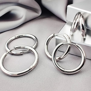 Boucles d'oreilles créoles en acier classiques de 2,5 mm, créoles simples en acier chirurgical 316L, boucles d'oreilles unies à bouton-pression articulé, cadeau bijoux