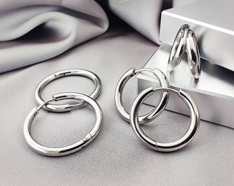 Boucles d'oreilles créoles en acier classiques de 2,5 mm, créoles simples en acier chirurgical 316L, boucles d'oreilles unies à bouton-pression articulé, cadeau bijoux