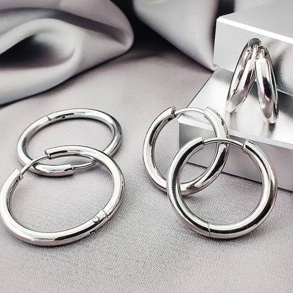 2.5MM Classic Steel Hoop Earrings, Simple 316L Surgical Steel Hoops, Hinged Snap on Clicker Plain Hoop Earrings Jewelry Gift