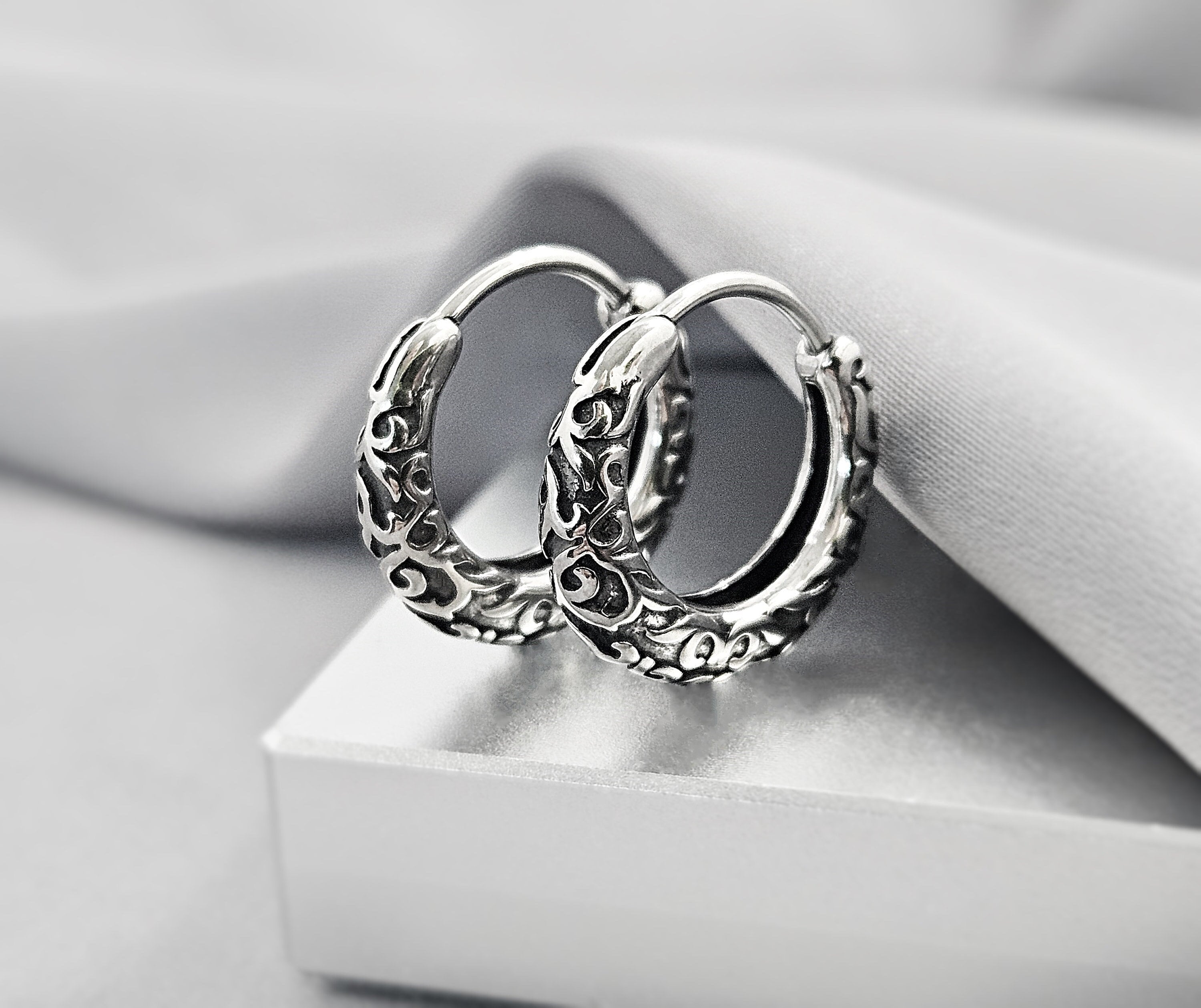 Antique Celtic Small Steel Huggie Hoops Earrings, Tribal Style Surgical Steel Hoop Earrings, Cool Boho Filigree Textured Steel Jewelry Gift