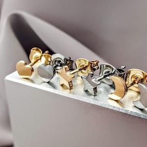 Titanium Tiny Star Moon Heart Stud Earrings, Implant Grade Hypoallergenic for Sensitive Ears, Minimalist Cute Dainty Jewelry Gift