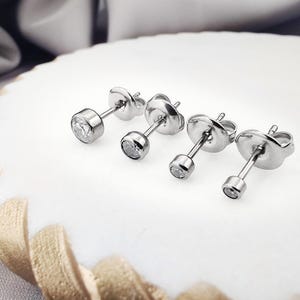 Minimalist CZ Bezel Titanium Stud Earrings, Implant Grade Hypoallergenic Titanium Cubic Zirconia Studs, Simple Crystal Post Stud Earrings