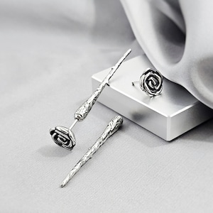Front and Back Stem Rose Earrings, Fake Gauges Surgical Steel Floral Earrings, Edgy Gothic Floral Ear Jacket, Unique Emo Punk Jewelry Gift