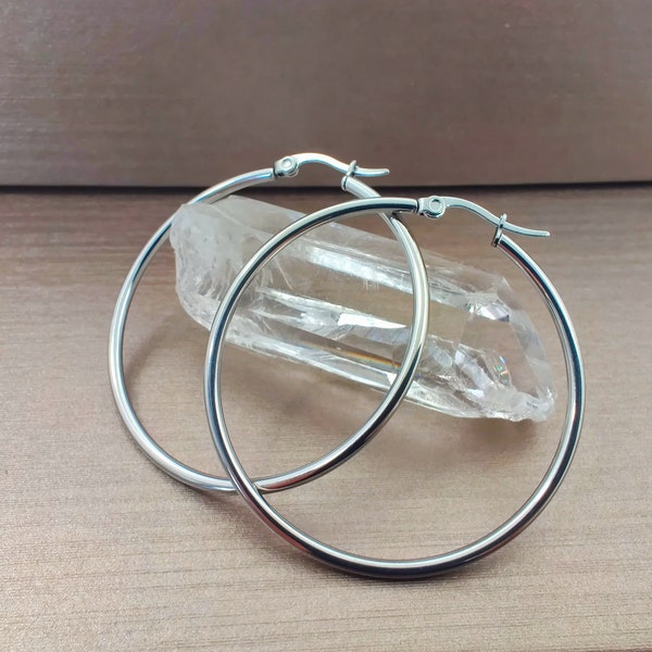 40-45MM Large Plain Hoop Earrings, Simple Minimalist Surgical Steel Earrings, Classic Hoop Earrings