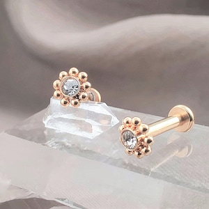 16G PAIR Gold CZ Tiny Daisy Cartilage Earrings, Floral Surgical Steel Labret Stud, Flower Helix Stud Earrings