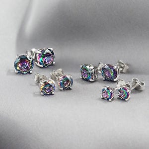 Classic Round Mystic Topaz Silver Stud Earrings, Rainbow CZ 925 Sterling Silver Earrings, Minimalist Crystal Stud Earrings Jewelry Gift