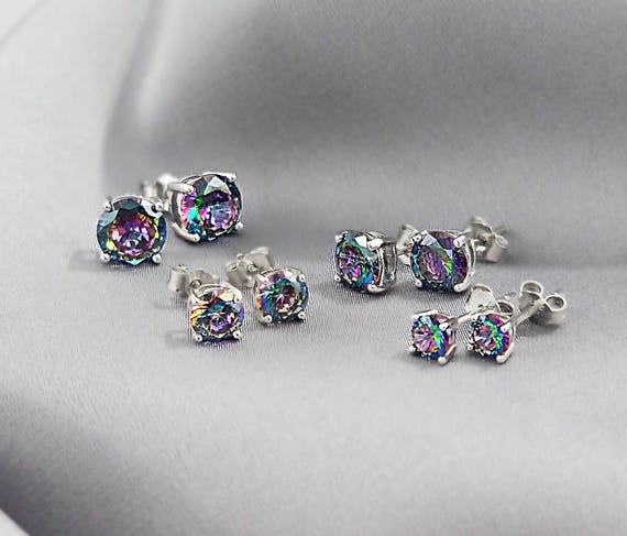 Classic Round Mystic Topaz Silver Stud Earrings, Rainbow CZ 925 Sterling Silver Earrings, Minimalist Crystal Stud Earrings Jewelry Gift