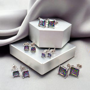 Square Mystic Topaz Silver Stud Earrings Princess Cut Rainbow CZ 925 Sterling Multi Piercing Silver Earrings Colorful Crystal Jewelry Gift