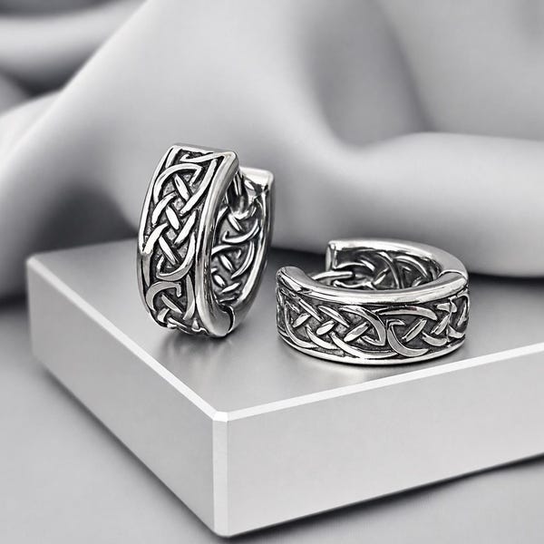 6MM Wide Celtic Hoop Earrings Irish Jewelry Gift Men Surgical Steel Huggies Hoop Earrings Celtic Knot Unique Jewelry Gift for Him Men Hoops